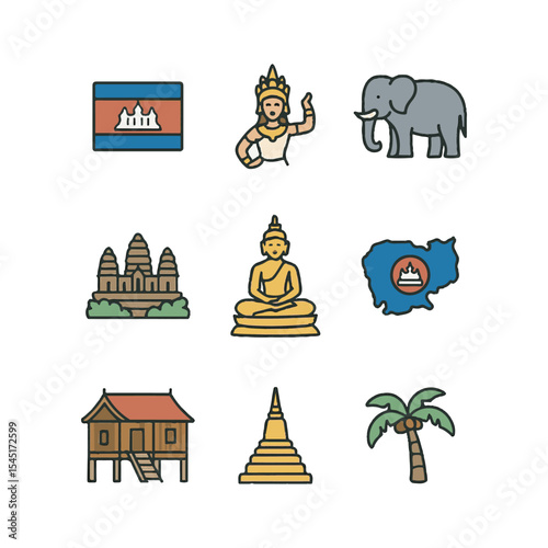 Set of 9 Cambodia icons, flag and national symbols. Simple cartoon style illustration.