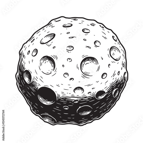 Detailed vintage art silhouette of a cratered celestial body depicting an asteroid or moon