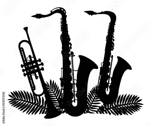 Elegant Silhouette of Musical Instruments with Tropical Leaves in Background