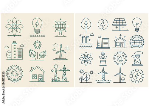 Line art icons representing sustainability, renewable energy, and eco-friendly concepts