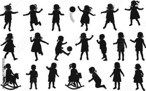Playful Children Silhouettes Engaging in Fun Activities, Sports, and Playtime for Creative Design