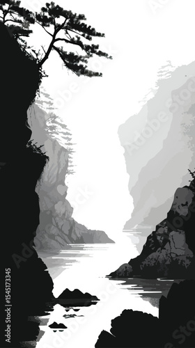 Rocks and cliffs along a riverbank. silhouette illustration