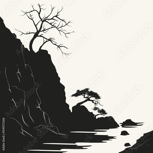 Rocks and cliffs along a riverbank. silhouette illustration