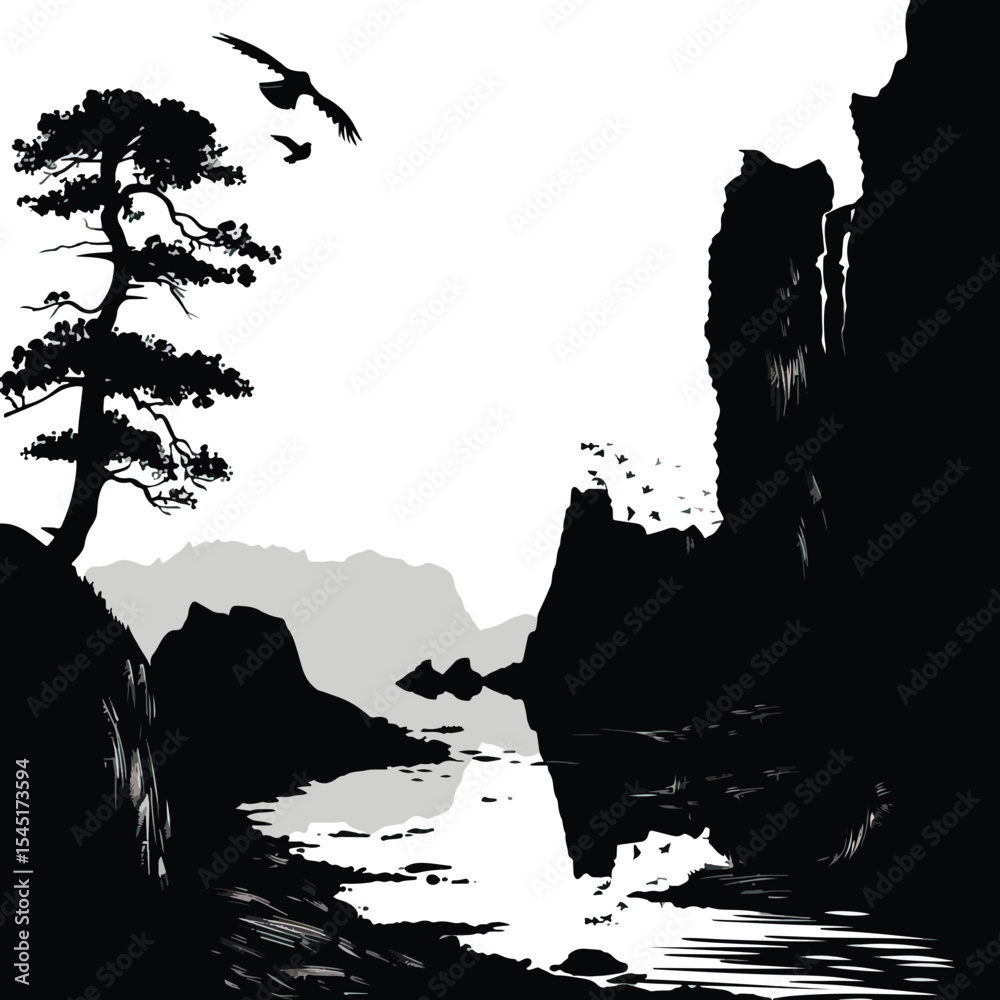 Naklejka premium Rocks and cliffs along a riverbank. silhouette illustration