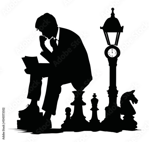 Thoughtful Man Silhouette Near Chess Pieces and Stylish Street Clock