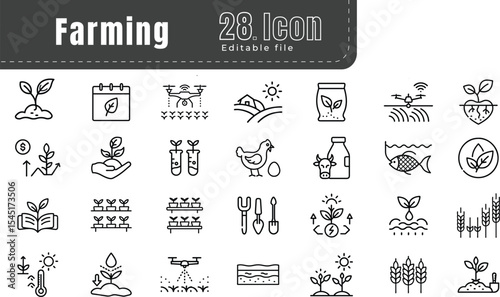 Detailed Farming Icons Set, Agriculture and Sustainable Farming Line Icons for Modern Farm Life