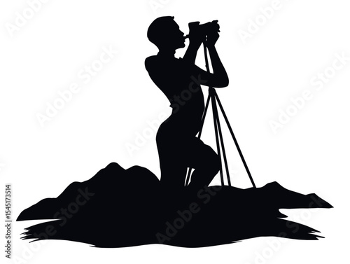 Person Silhouette Photographing Against Landscape in Black and White Style