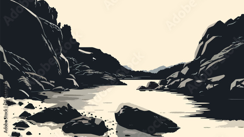 Rocks and cliffs along a riverbank. silhouette illustration