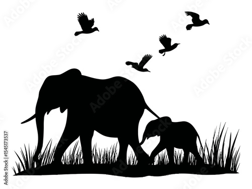 Silhouette of Elephants Walking in Grass with Birds Flying Above
