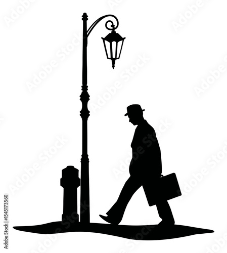 Elegant Silhouette of a Man Walking Next to a Street Lamp and Fire Hydrant