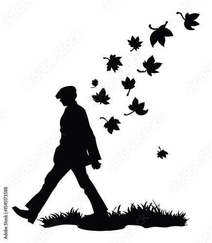 Elegant Silhouette of Walking Man Surrounded by Falling Leaves