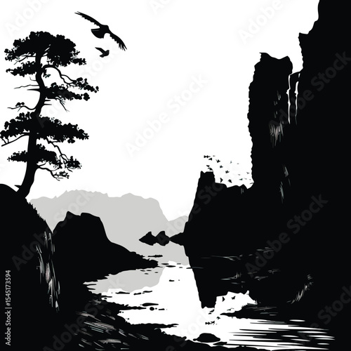 Rocks and cliffs along a riverbank. silhouette illustration