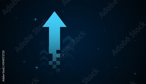 Bright arrows upward growth trend used in presentations of financial reports, or technology-driven branding, this image conveys strength and A big arrow moving up on dark blue background