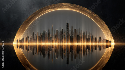 Black and gold skyline with elegant lighting creates luxurious atmosphere, reflecting on smooth surface. cityscape exudes sophistication and modernity, captivating viewers