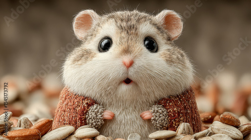 Chubby hamster with large eyes surrounded by sunflower seeds, displaying surprised expression. adorable creature is cozy in knitted sweater, creating heartwarming scene