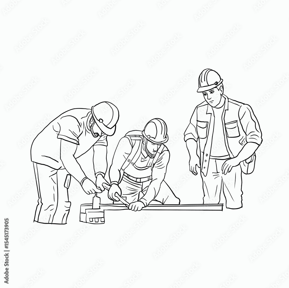 Obraz premium black and white line. Construction Workers Building and Supervising. Cartoon Style Illustration