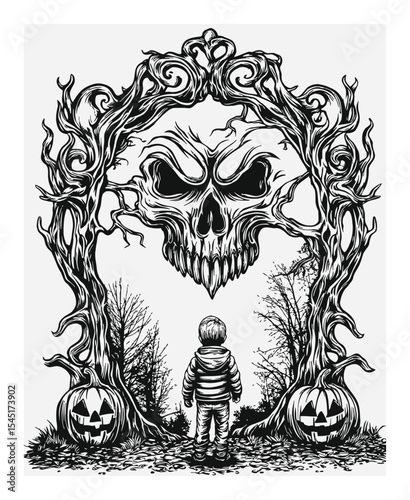 Spooky Hand-Drawn Illustration of a Boy Facing a Skull in a Tree Frame