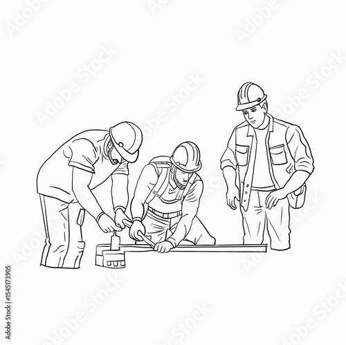 black and white line. Construction Workers Building and Supervising. Cartoon Style Illustration