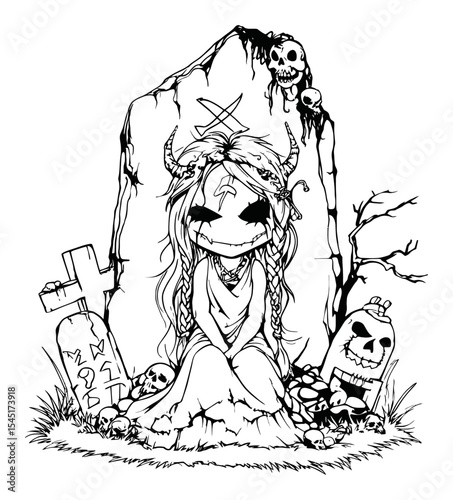 Intricate Hand-Drawn Illustration of a Witchy Girl Surrounded by Tombstones and Skulls