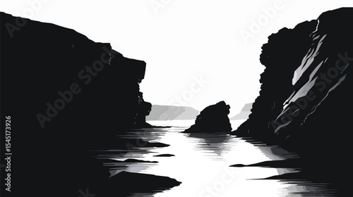 Rocks and cliffs along a riverbank. silhouette illustration