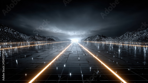 Futuristic landscape features glowing grid extending into horizon, surrounded by dark mountains and dramatic sky. scene evokes sense of wonder and exploration