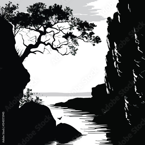 Rocks and cliffs along a riverbank. silhouette illustration