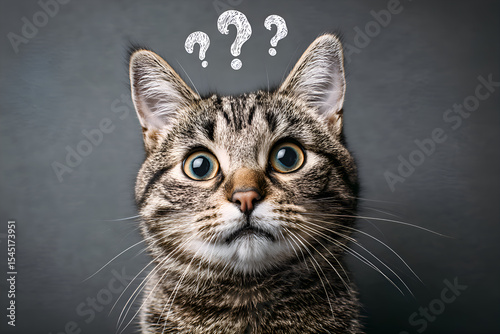 Curious cat wondering with question marks above its head