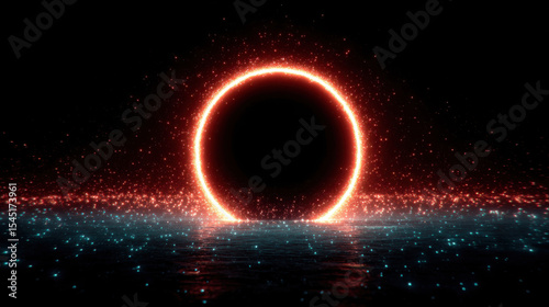 Glowing ring of light pulses around dark void, surrounded by shimmering particles in vibrant colors. scene evokes sense of mystery and wonder, captivating viewer imagination