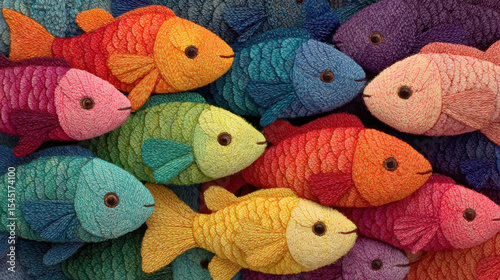 Colorful fish plush toys in various shades create vibrant and cheerful display. Each fish features intricate stitching and smiling faces, evoking sense of joy and playfulness