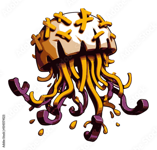 Colorful Cartoon Jellyfish with Flowing Tentacles in Vector Style Design