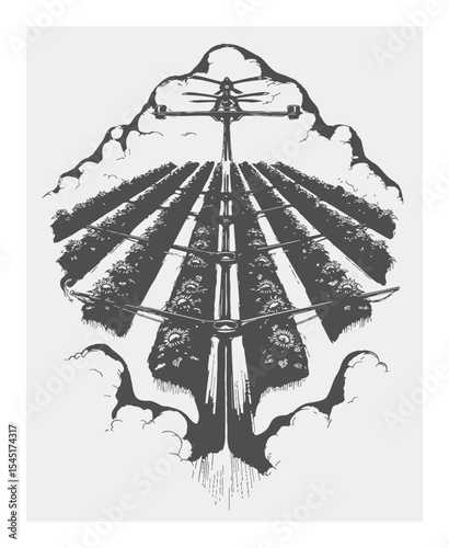 Hand-Drawn Illustration of Windmill and Crops in a Pastoral Landscape