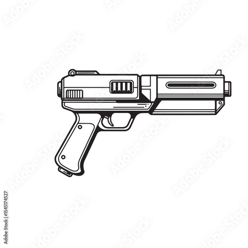 Vector illustration of a futuristic laser pistol handgun in a minimalist vintage art silhouette style