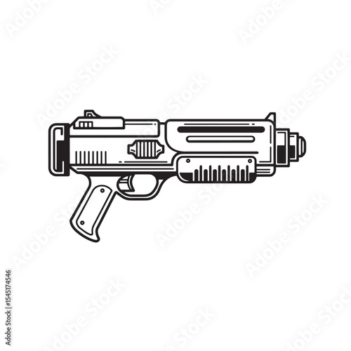 Vector illustration of a futuristic sci fi laser gun in vintage art silhouette style isolated on white background