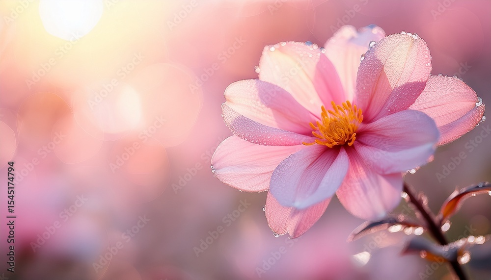 Fototapeta premium close up of a delicate pink flower with dew drops on petals glowing gently in soft natural light with blurred pink and white background