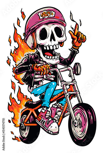 Cool Cartoon Skeleton Riding a Flame-Decorated Bicycle with Attitude