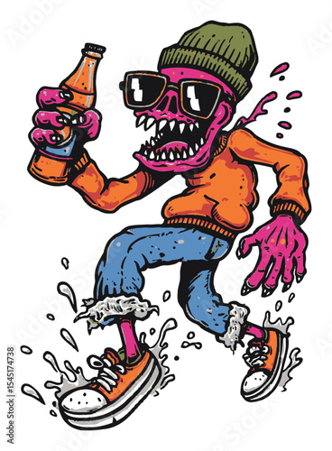 Colorful Cartoon Character in Orange Sweater Drinking Soda and Splashing Water