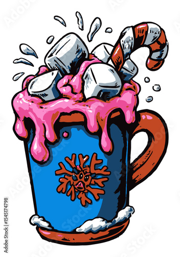 Colorful Cartoon Hot Chocolate With Marshmallows And Candy Cane Topping