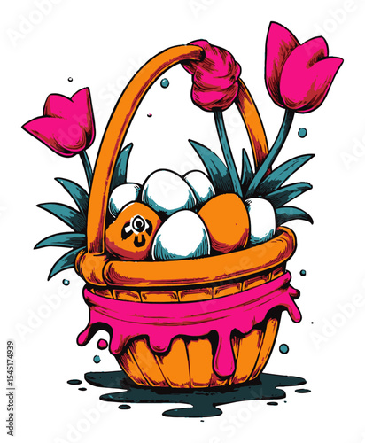 Colorful Cartoon Basket with Flowers and Eggs for Spring Celebrations