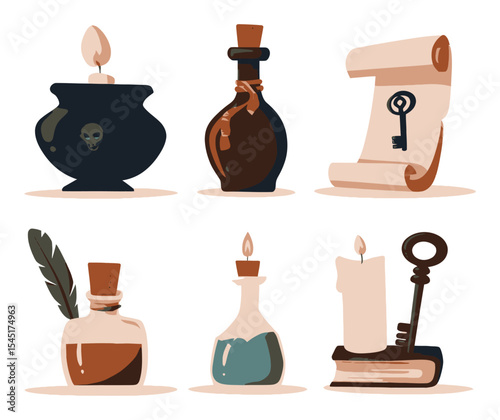 Vector Cartoon Illustration of Magical Objects and Witchcraft Items