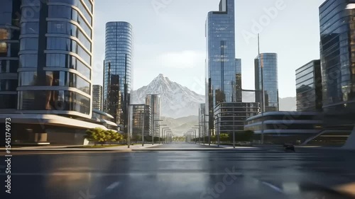 Wallpaper Mural Futuristic cityscape with sleek skyscrapers, a clear road, and majestic mountains in the background Torontodigital.ca