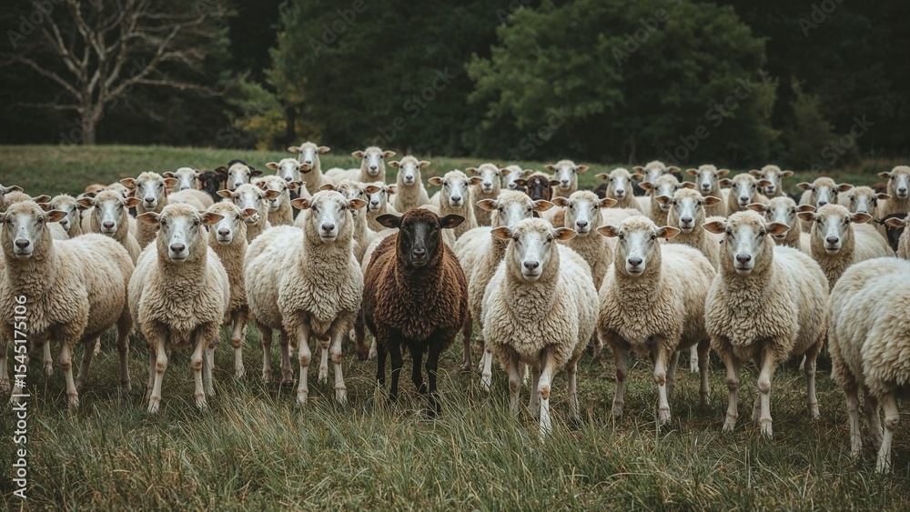 Obraz premium Black sheep among white sheep, being different concept