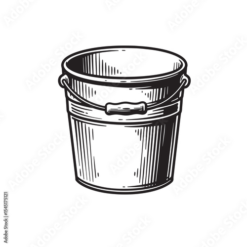Vintage art silhouette of a bucket showing detailed engraving in black and white