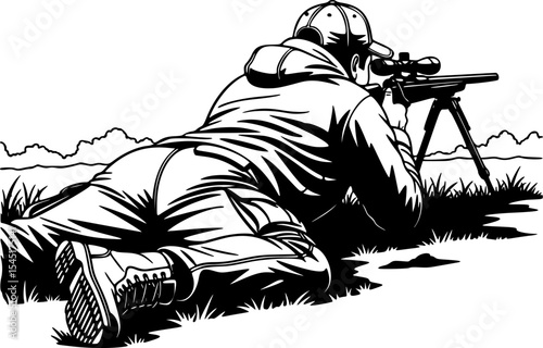 Hunter Lining Up the Shot , Hunter with Rifle on Bipod Silhouette