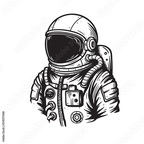 Vintage art silhouette illustration of an astronaut in a spacesuit ready for space exploration in black and white