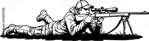 A bold black and white silhouette vector illustration of a male hunter lying prone on the ground, expertly aiming a scoped hunting rifle supported by a bipod