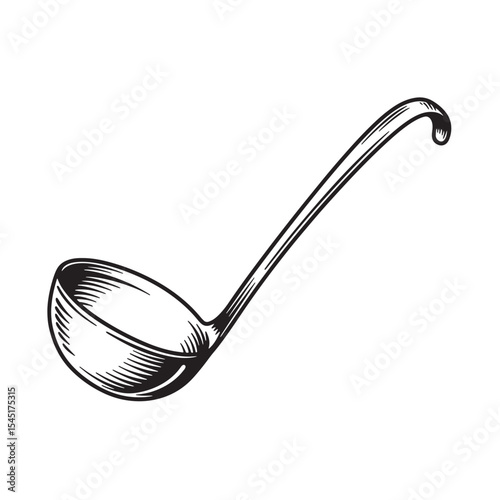 Vintage art silhouette of a classic kitchen ladle on a clean white background
