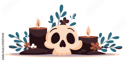 Cartoon Skull with Candles and Flowers for Halloween Theme Illustration