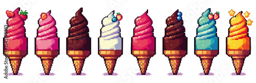 Eight pixel art ice cream cones in various flavors, topped with fruit and sprinkles, displayed in a row.