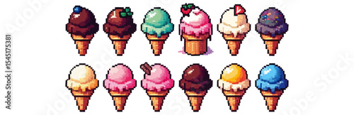 Pixel art illustration showcasing an assortment of colorful ice cream cones.