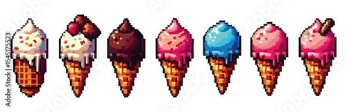 Pixel art ice cream cones in various flavors.